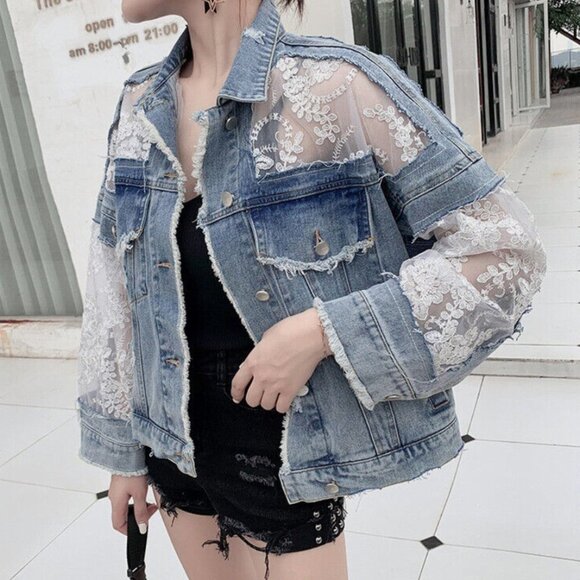 Floral Embroidered Lace Denim Jacket Distressed Light Wash Denim Jean Jacket - Picture 1 of 9